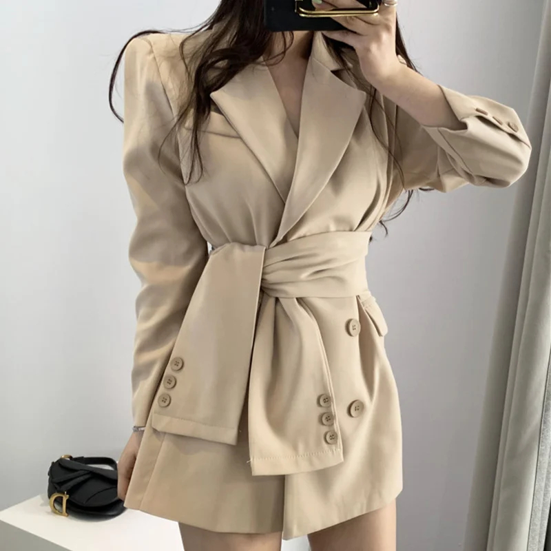 Colorfaith/Новинка года; женские блейзеры с поясом; длинные официальные куртки со шнуровкой; Верхняя одежда с вырезом в английском стиле; топы; JK156 - Цвет: Бежевый