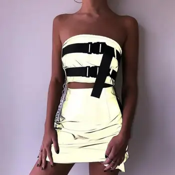 

Women Buckles Wrapped Bandeau Top Skirt Set Women Sexy Reflective Night Version Sets Fashion Club Party Two Piece Set Skirt