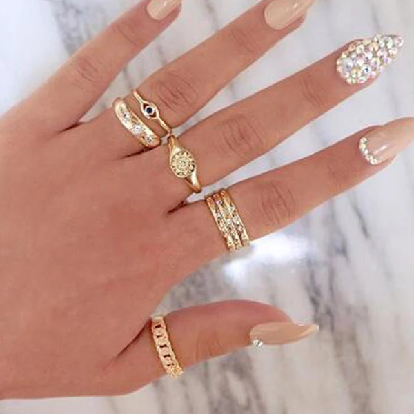 

7 Pcs/set Women Fashion Rings Geometry Eyes Crystal Gold Finger Ring Set Bohemian Charm Party Jewelry Accessories