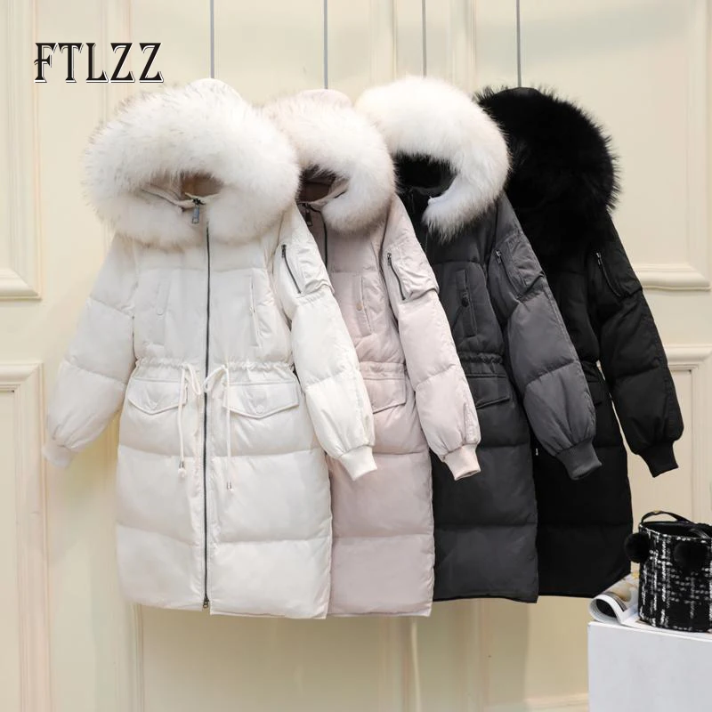 

2019 New Warm Thick Winter Down Jacket Women Slim Hat Hooded Real Fur Collar Duck Coat Female Meidum Long Black Outerwear Parka