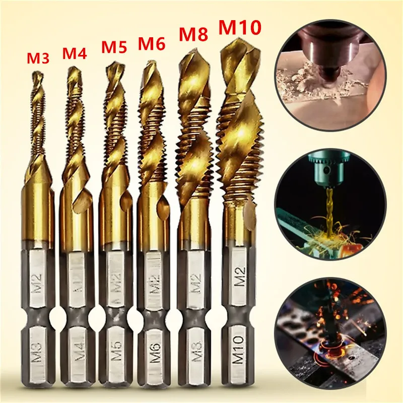 

6pcs M3-M10 Combination Drill Screw Tap Bit Set 1/4'' Hex HSS 6542 Titanium Coated Thread Spiral Screw Deburr Countersink Bits