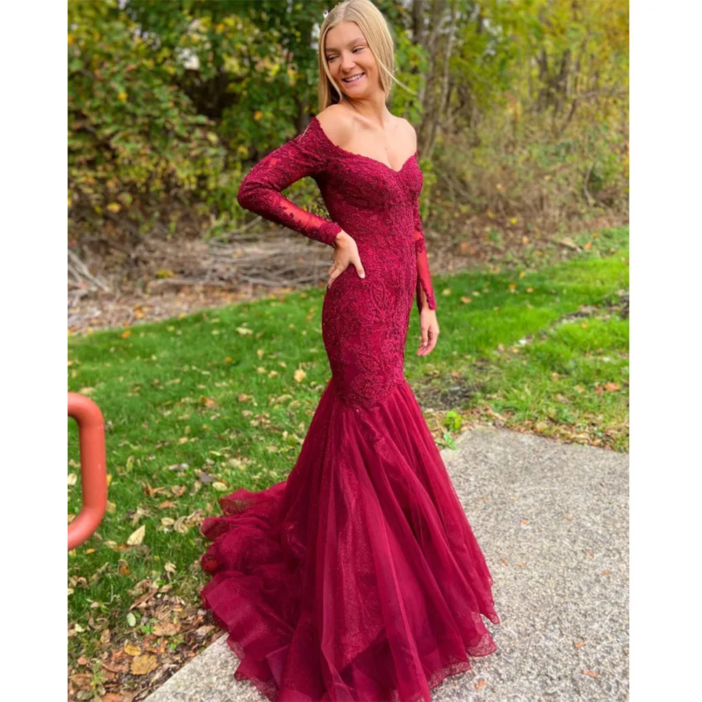 HONGFUYU Robe De Soiree Русалка Вечерние платья со шлейфом удивительные Vestidos кружевное вечернее платье с аппликацией Длинные платья для выпускного бала рукава