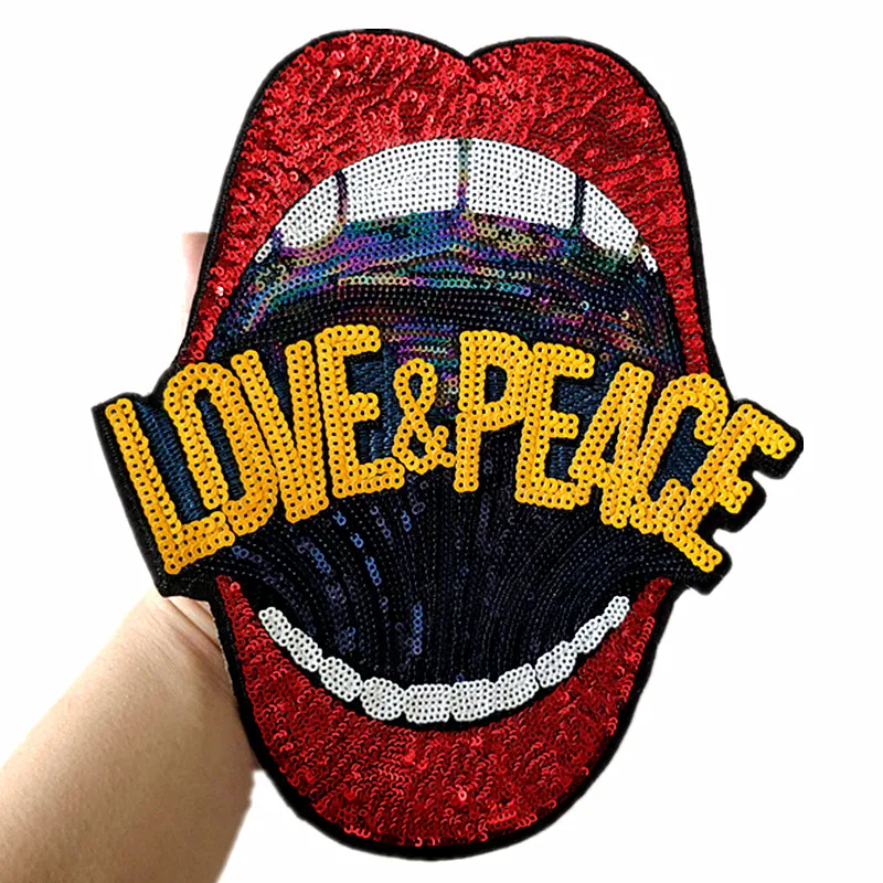 

Iron on patches for clothing 263mm Mouth Red White Sequined Fabric Sequins Strange things T shirt Women Patch Clothes Stickers