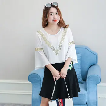

Ladies summer chiffon solid color sequins round neck trumpet sleeve casual shirt 100KG can be worn