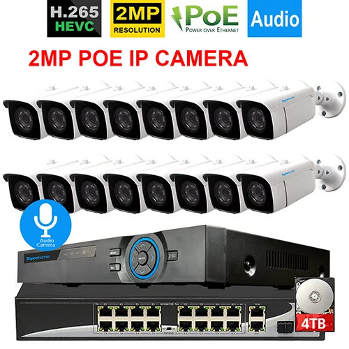 16 Bullet Camera TOPROHOMIE H.265+ 16CH 4K 5MP POE NVR комплект 16X2 Мп аудио запись камера безопасности Система 48 в 1080P POE IP камера P2P HDMI CCTV NVR - Цвет: 16 Bullet Camera
