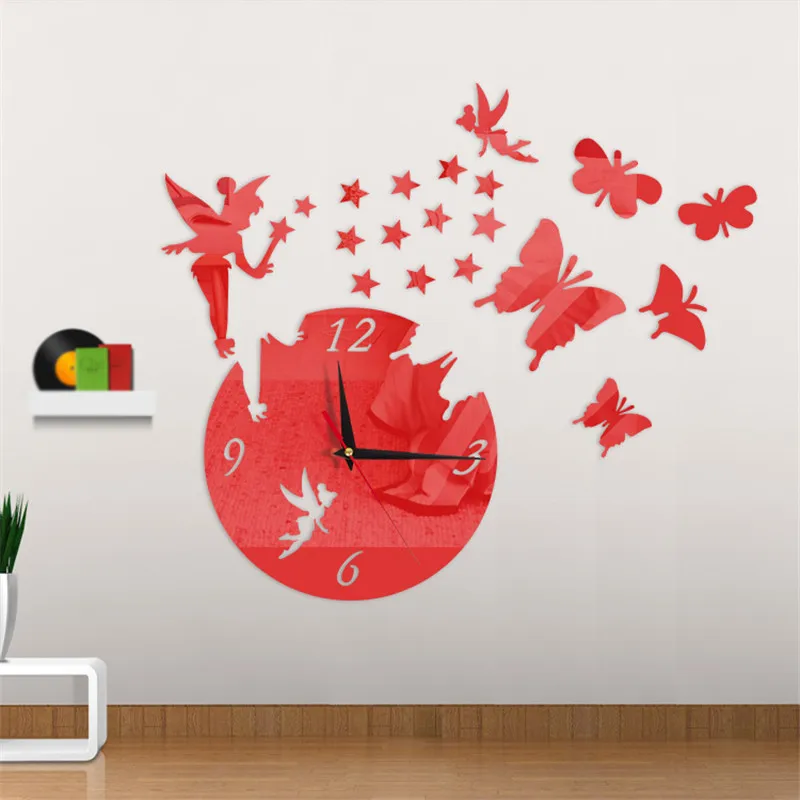 Wall stickers for kids rooms girls fairy butterfly self adhesive acrylic mirror stickers watch modern room bedroom home decor
