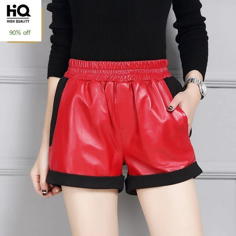 Chic Patchwork Wijde Pijpen Korte Broek Vrouwen Elastische Taille Pocket Dames Mini Shorts Streetwear Winter Casual Zwart Lederen Broek Chic Patchwork Wijde Pijpen Korte Broek Vrouwen Elastische Taille Pocket Dames Mini Shorts Streetwear Winter Casual Zwart Lederen Broek