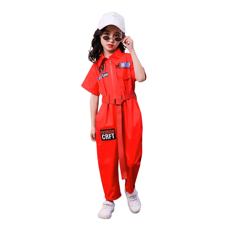 Kids Cool Short Sleeve Hip Hop Clothing Blue Red Loose Jumpsuit Overalls for Girls Boys Jazz Dance Costumes Dancing Clothes Wear
