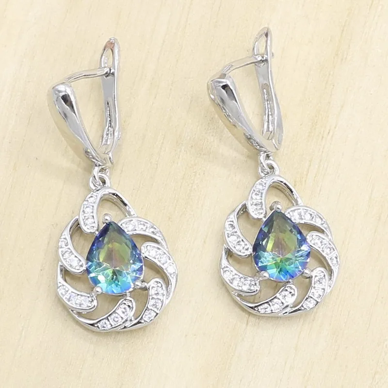 925 серебряные свадебные комплекты украшений для женщин капли воды радужные голубые Кристальные серьги кулон ожерелье кольцо подарочная коробка для браслета