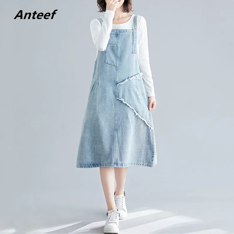 

cotton vintage plus size women casual loose midi summer autumn denim dress elegant clothes 2019 ladies dresses