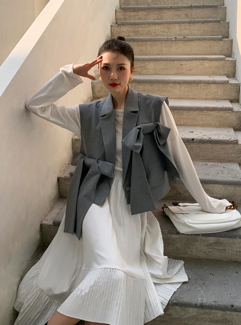 CHEERART Designer 2021 Fashion Women Gilet Grey Vest Bow Sleeveless Blazer Coat Loose Crop Jacket Single Button Waist Coat
