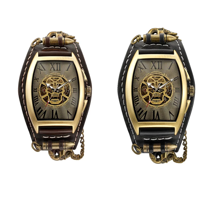Relogio masculino автоматические часы мужские винтажные бронзовые череп механические наручные часы классические ковбойские часы из натуральной кожи ремешок часы