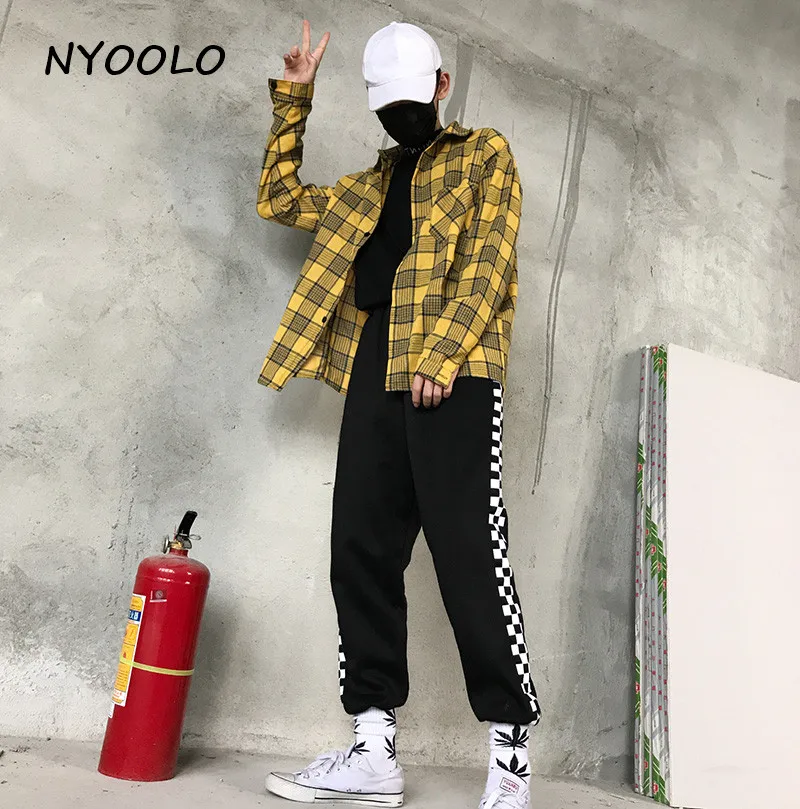 NYOOLO Harajuku уличная одежда в клетку с принтом хип-хоп штаны для бега осень зима эластичный пояс плюс бархатные теплые спортивные штаны для женщин и мужчин