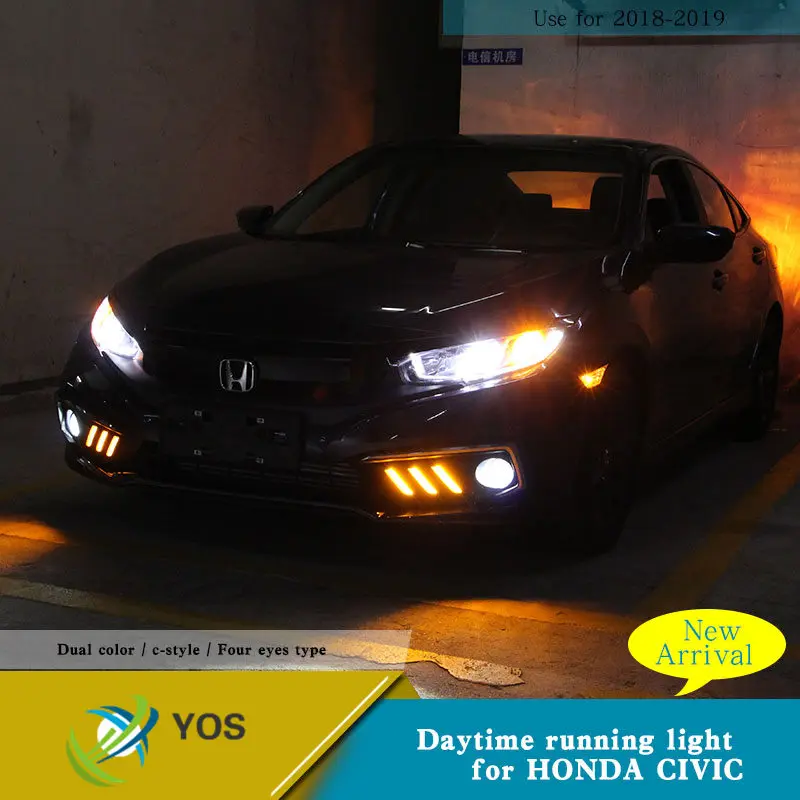 Yos светодиодный Drl для Honda Civic X 10G mustang дизайн Led drl с желтым сигналом противотуманная фара дневного света