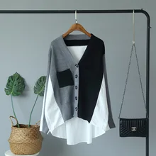 Асимметричная Передняя Короткая свободная вязанная рубашка с карманами, сшитые топы, зимняя одежда, женский свитер с длинным рукавом большого размера