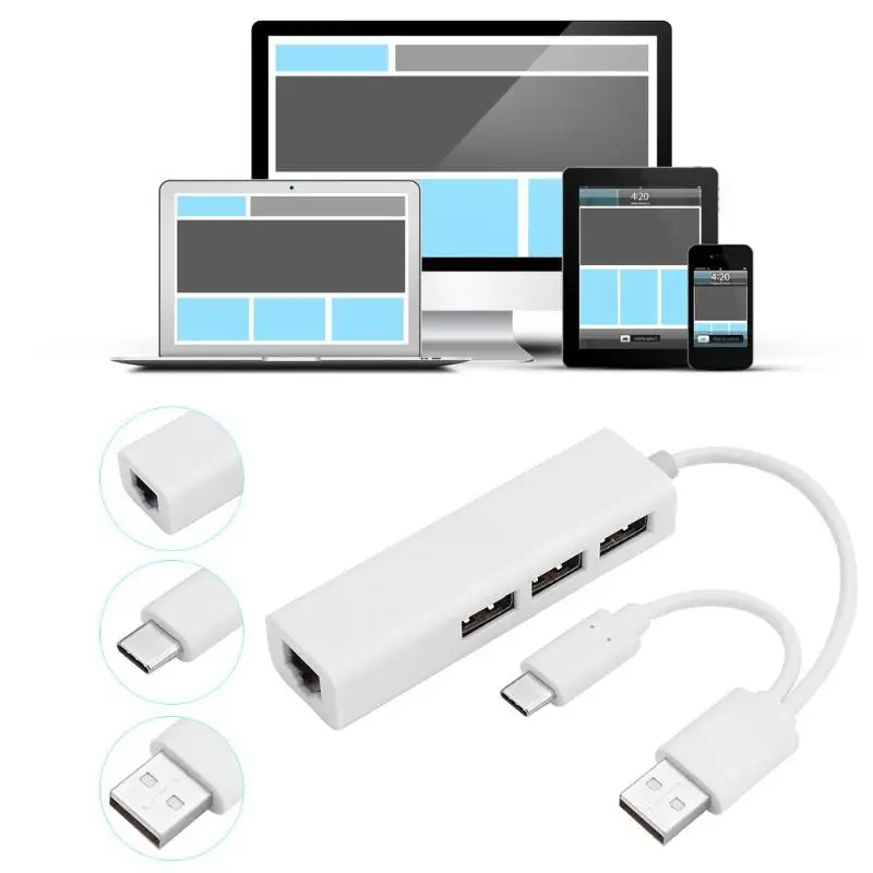 Прочные usb-концентраторы тонкий дизайн 3 порта USB адаптер USB 2,0 концентратор type C для RJ45 Ethernet гигабитный сетевой адаптер провод