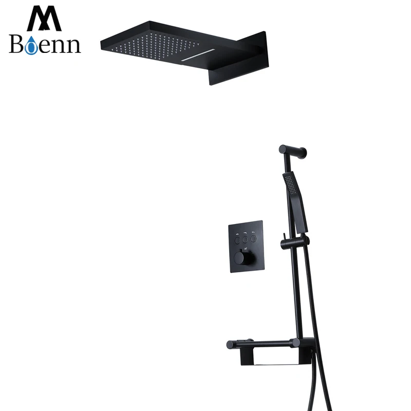 

Rainfall Black Shower Set Thermostatic Shower Faucets Wall Mounted Bathroom Waterfall Shower Heads With Slide Bar