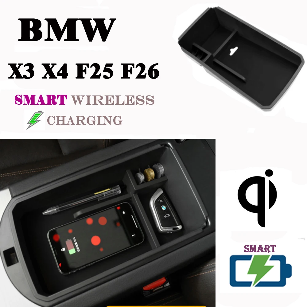 For BMW QI Wireless charger Wireless Smart charging Phone Holder Storage Box For X3 X4 F25 F26 2011~2018