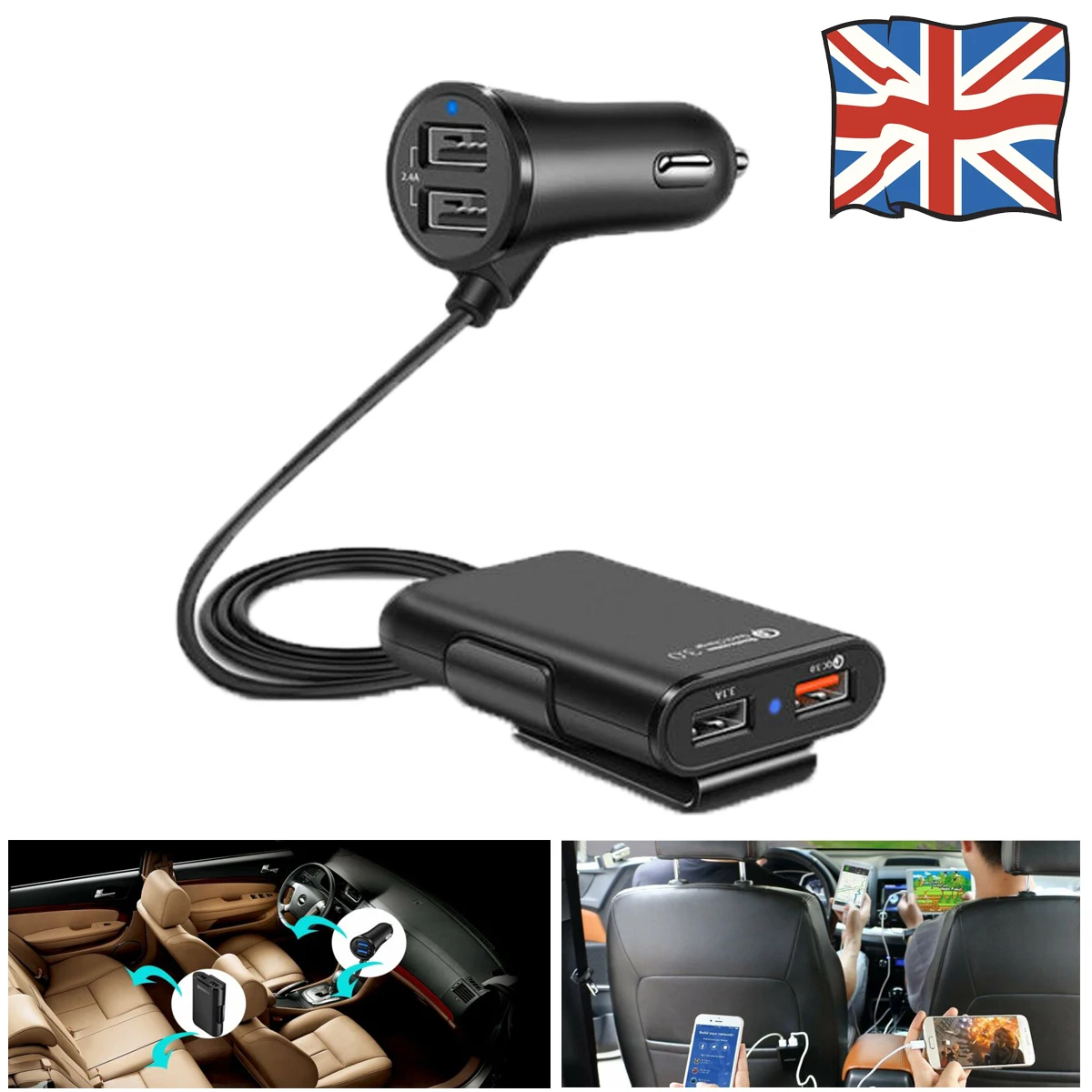 Car Charger 4 USB Port QC3.0 Phone Charge Car Front Back Seat Extending Passenger Charging Adapter With Clip For Samsung GPS?