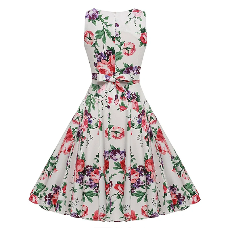 Kostlish Cotton Summer Dress Women 2017 Sleeveless Tunic 50s Vintage Dress Belt Elegant Print Rockabilly Party Dresses Sundress (65)