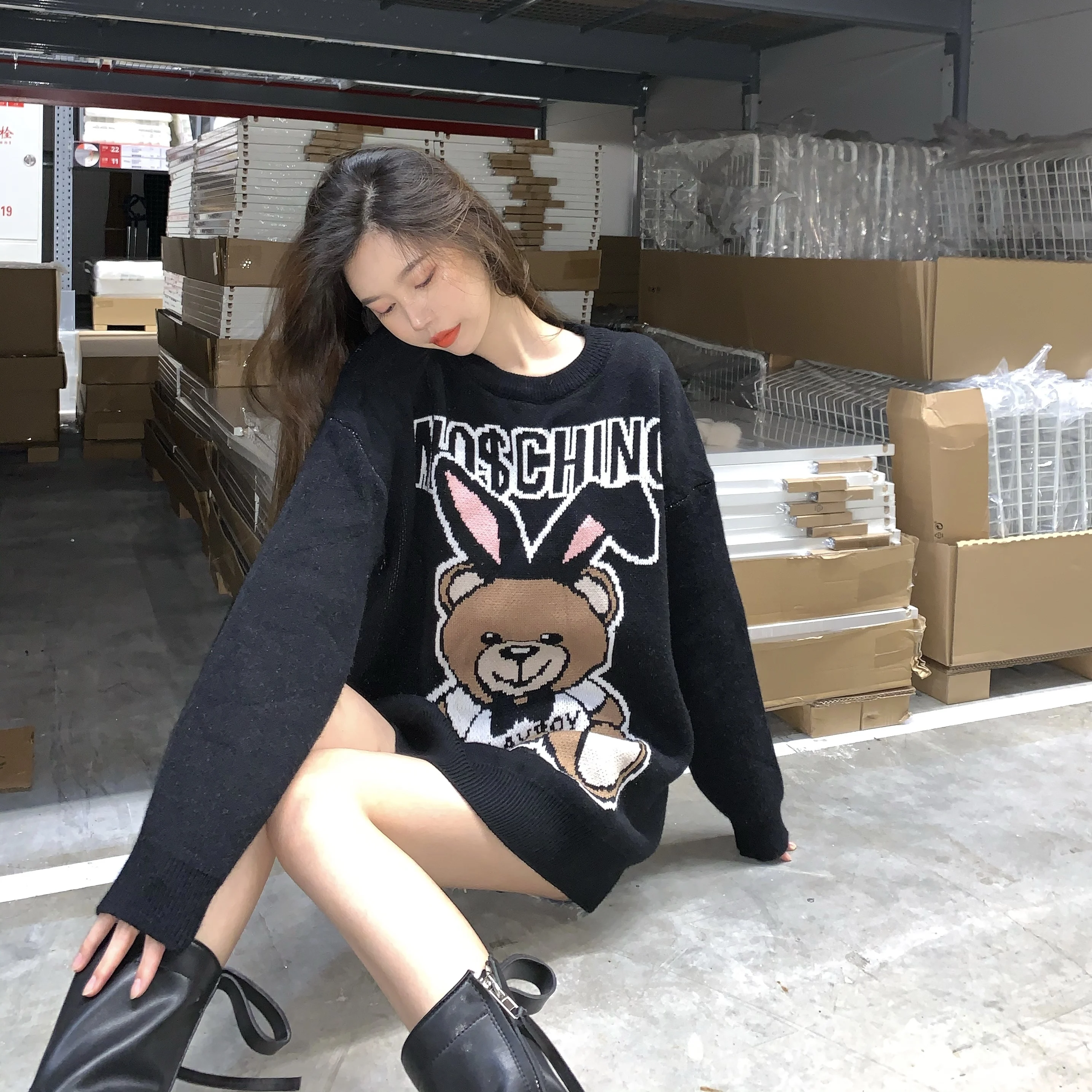 

Knitted Pullover Sweater Women's Autumn & Winter Long Sleeve Pullover Loose-Fit Laziness-Style Cartoon Animation Bear Sweater