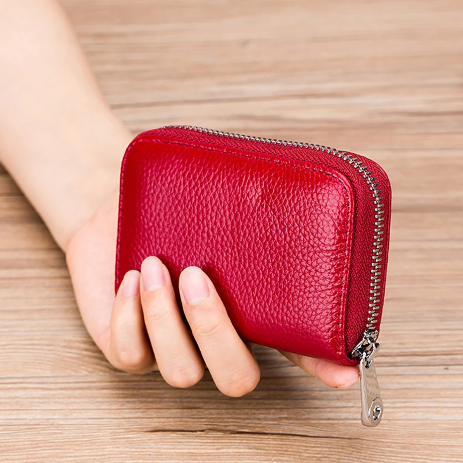 Genuine Leather Credit Card Case RFID Blocking Credit Card Holder Small Zipper Wallet with 12 Card Slots
