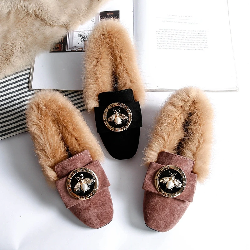 

Genuine Leather Wool Flat Shoes Woman Warm Snow Boots Ladies Fur Ankle Boots Plus Size Bee Fashion Moccasins Footwear new
