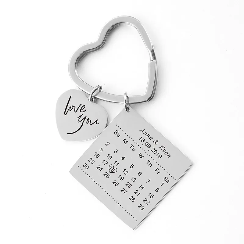 Личный календарь брелок из нержавеющей стали настроенный календарь юбилей выделенный с сердцем пользовательское имя, дата брелок - Цвет: Heart Silver 2