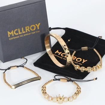 

Gold Bracelet Men Crown Pave CZ Zircon Stainless Steel Beads Braided Braiding hommeBracelet luxury bracelets homme amazing price