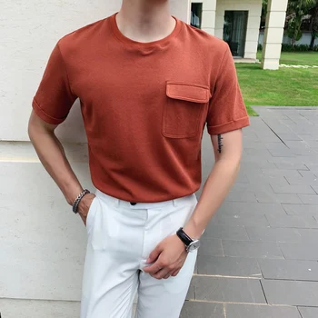 

Solid Color Slim Black White Shirt Tee Shirt Homme 2020 Summer Male British Casual Round Collar T-shirt Short Sleeve Big Pocket