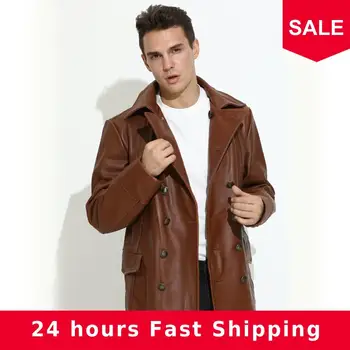 

2020 Brown Men Long Casual Leather Jacket Large Size XXXXL Double Breasted Genuine Cowhide Russian Autumn Fashion Leather Coat