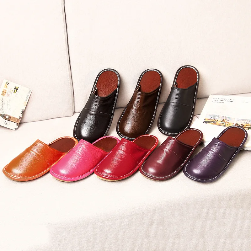 

Genuine Leather Household Closed-toe Cotton Slippers Spring Autumn Winter Men And Women Couples Anti-slip Floor Indoor Thick Bot