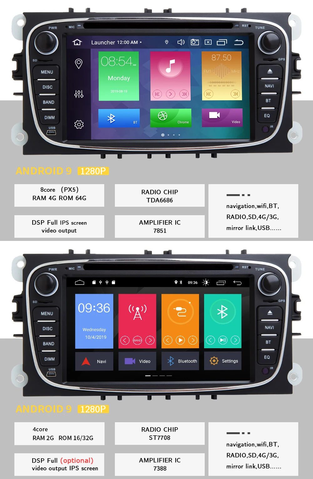 Ips DSP 8 Core 4G 64G 2 din Android 9 Автомагнитола для Ford Focus 2 3 mk2 Mondeo 4 Kuga Fiesta TransitConnect S-MAXC-MAX мультимедиа
