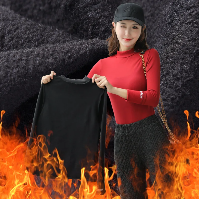 Nonis New Autumn Winter O Neck Long Sleeve Thick Velvet Warm Women Shirt Embroidery Letter High Stretch Plus Size
