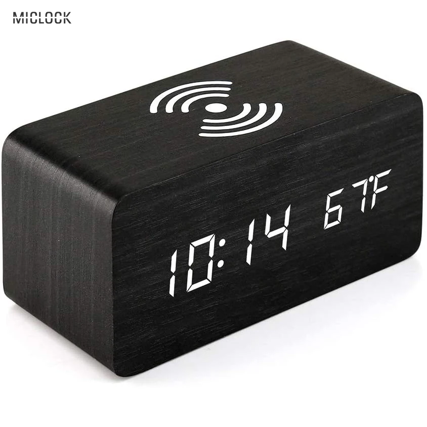 MICLOCK Wooden Alarm Clock with Qi Wireless Charging Pad Compatible LED