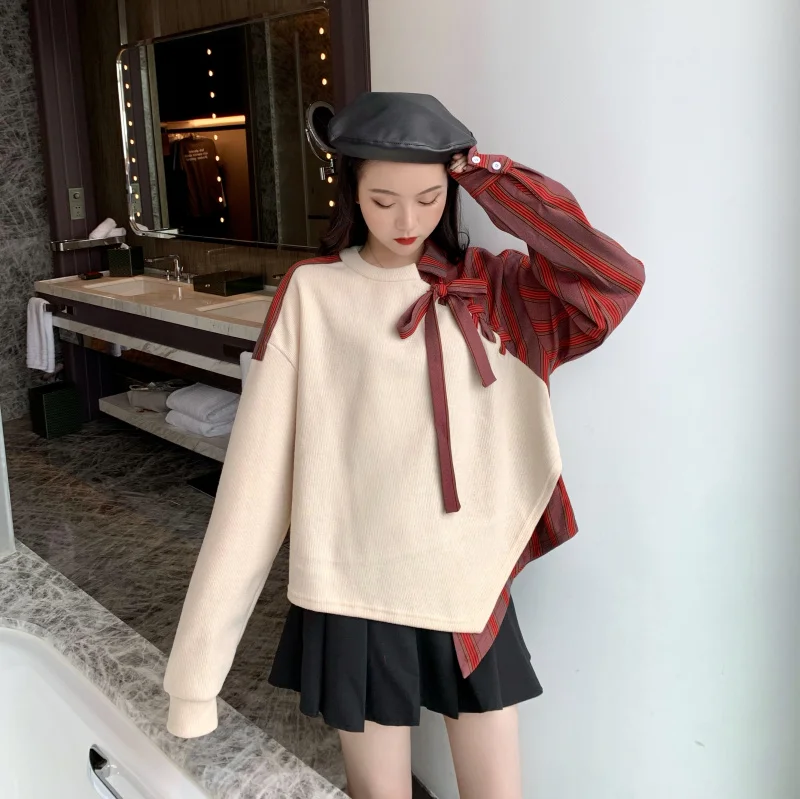 WHITNEY WANG весна осень мода уличная полосатая рубашка Лоскутная Асимметричная Толстовка женские толстовки пуловер