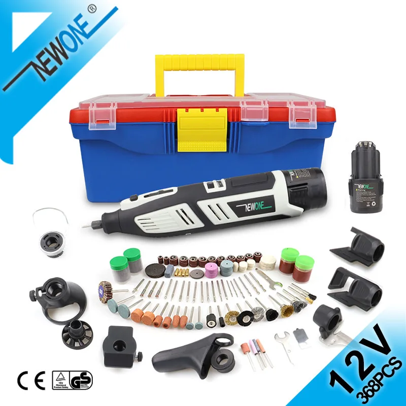 

NEWONE 12V Electric Rotary Tool Kit Variable Speed 368Pcs Accessories with shaft & Carrying Case,Sander, and Polisher-Includes