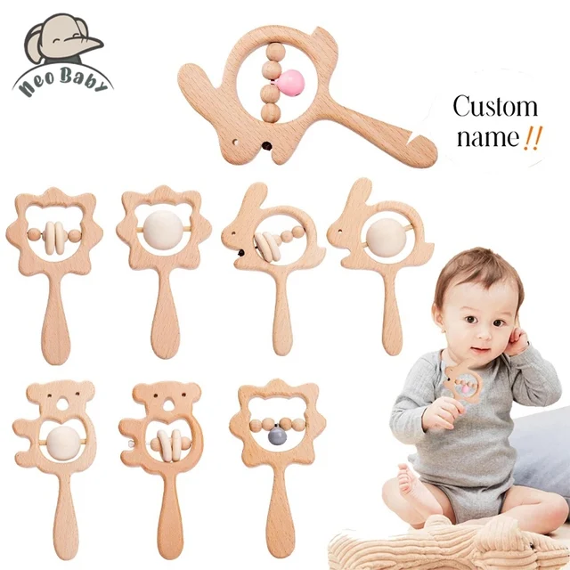 Custom Made Baby Wooden Rattle Toy Animal Hand Teething Ring Makes Sound Montessori Educational Toys Rattles Play Gym DIY Gifts 1