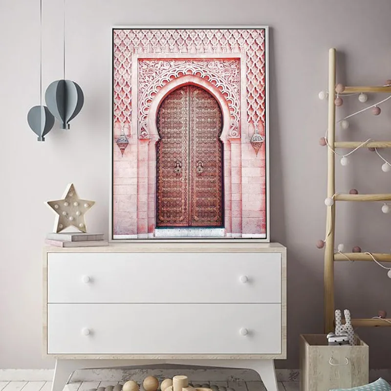 Religion-Wall-Art-Canvas-Poster-Moroccan-Arch-Pink-Door-Muslim-Print-Nordic-Decorative-Picture-Painting-Modern