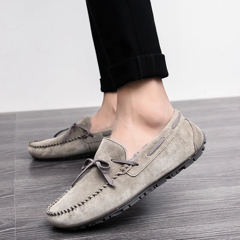 Slip On Driving Shoes For Men Khaki Winter Plush Mens Shoes Suede Loafers Fur Man Moccasins Leather Boat Shoes Male Casual Flats
