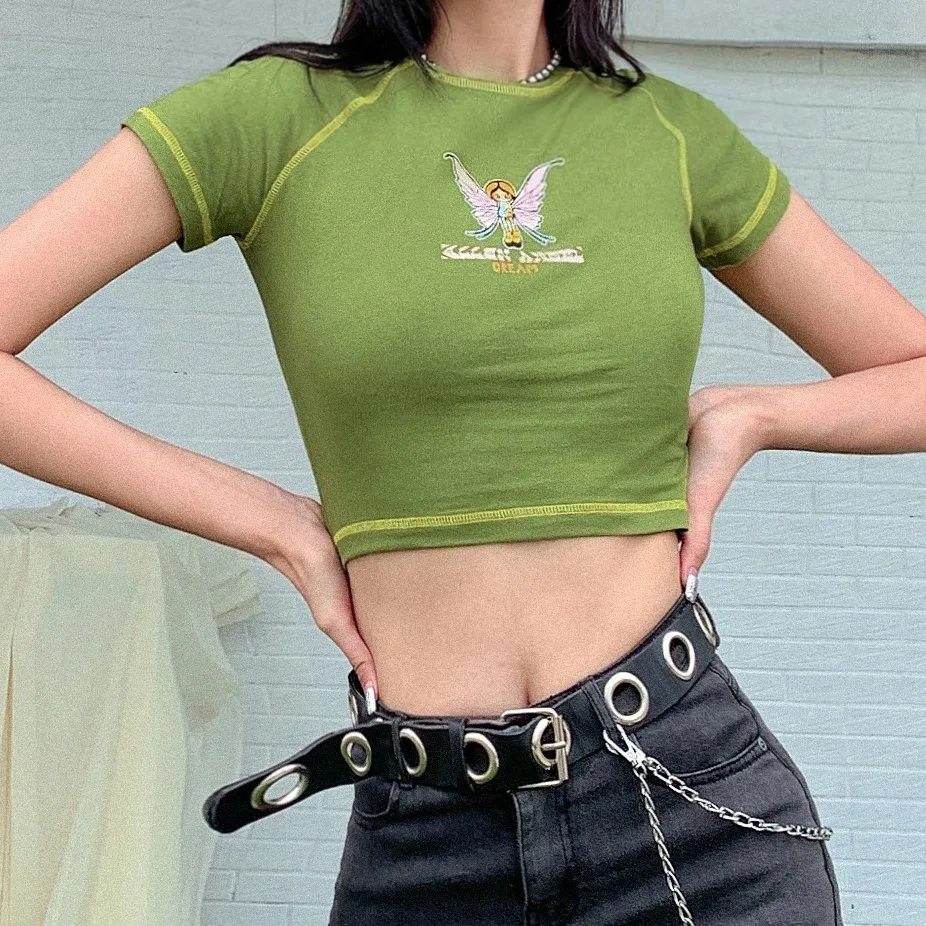 E girl зеленый укороченный топ с принтом бабочки и буквенным Y2K летние футболки