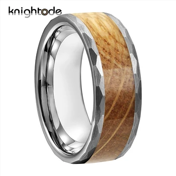 

8mm Hammered Tungsten Carbide Rings for Men Women Wedding Bands Really Whiskey Barrel Oak Wood inlay Facets Brushed Comfort Fit