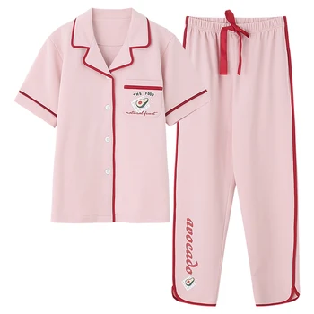 

Pajamas For Women Set Summer 2020 Cotton Large Loose Short Sleeve Top Pants Two Piece Set Pink Blue Green Cartoon Home Clothes