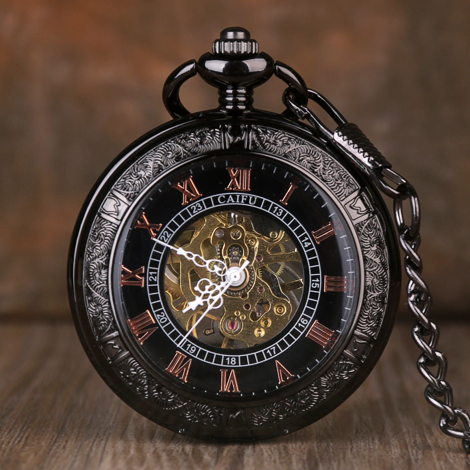 

Vintage Glass Cover Black mechanical pocket watch Men Women Hand-Wind jewelry FOB watch with Pendant Chain