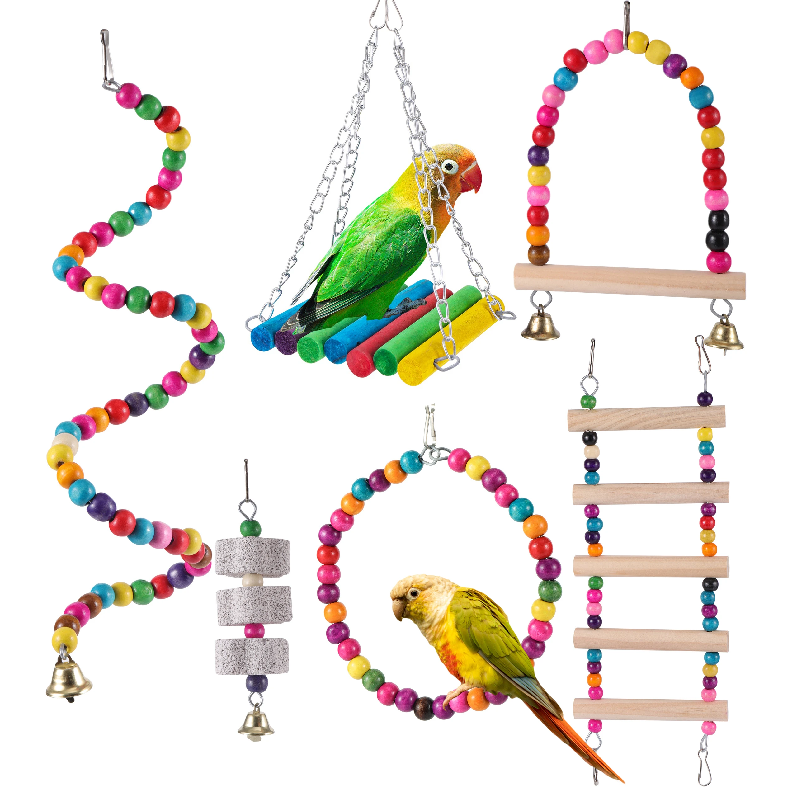 Juguetes de jaula para pájaros para loros, coloridos y fiables, columpio masticable, campana colgante, puente, escaleras de escalada, paquete de 6 juguetes para aves|Juguetes para pájaros| - AliExpress