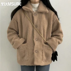 Iamsure estilo coreano sólido casaco peludo bolsos casuais turn down colarinho manga comprida jaquetas femininas 2021 moda bonito streetwear