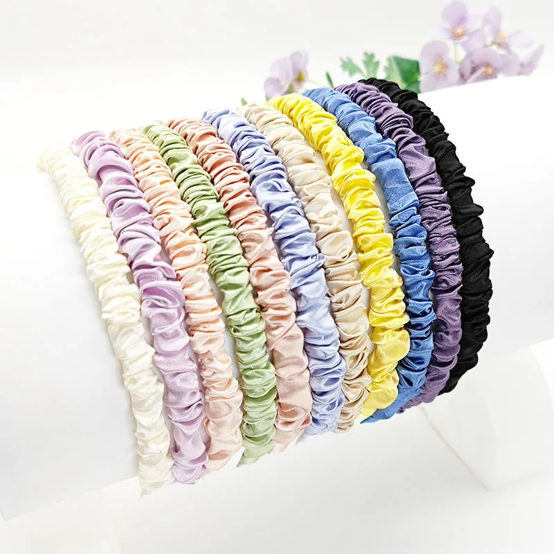 1,4 cm Satin Plissee Stirnbänder Mädchen Dünne DIY Haarband Einfarbig Kunststoff Haar Hoop für Frauen Vintage rutschfeste Haar Zubehör – Detail 4