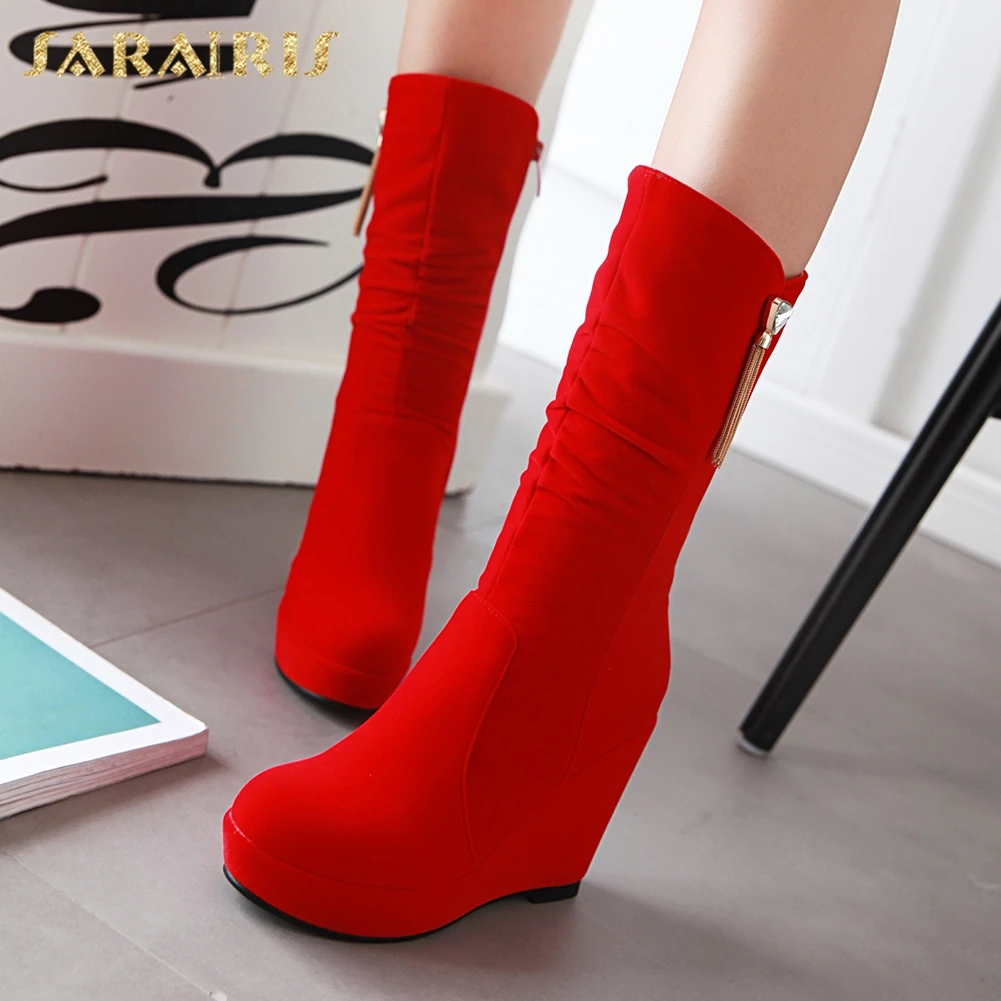 

Sarairis 2019 Dropship Hot new arrivals Wedge High Heels Mid Calf Boots Woman Shoes Zip Up Platform Shoes Women Boots