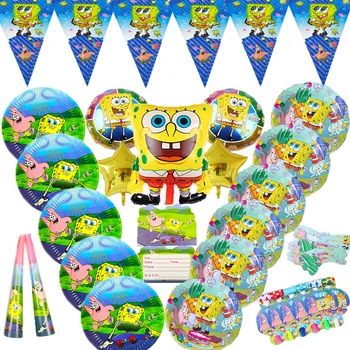 

Sponge Bob Pie Big Star Theme Cartoon Disposable Tablewares Set Paper Cup Plate Straw Baby Birthday Party Supplies Foil Balloons