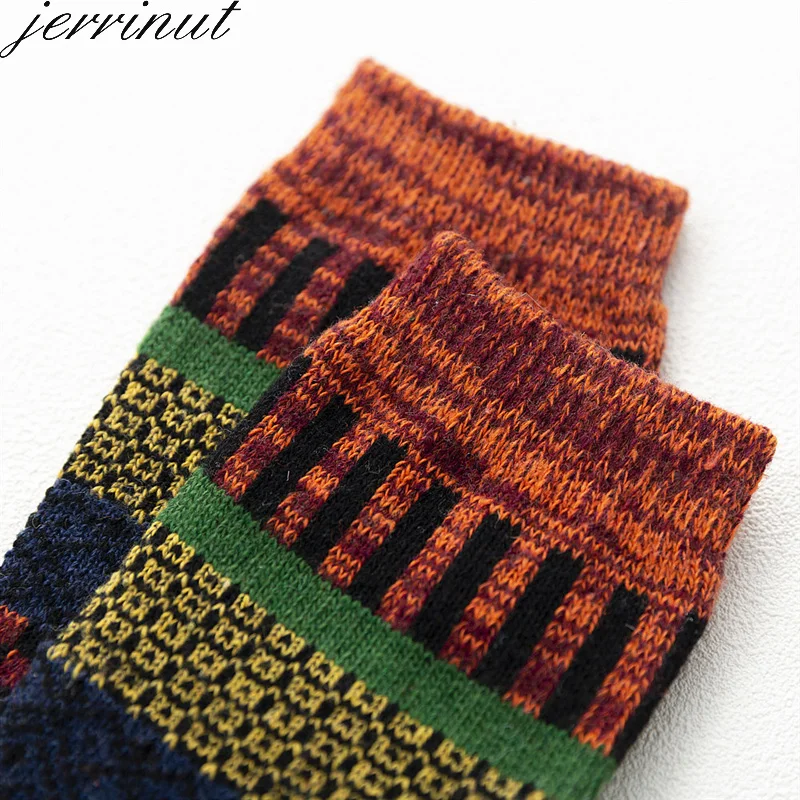 Jerrinut5 пар, повседневные зимние мужские носки с принтом, деловые толстые теплые шерстяные хлопковые носки, кашемировые полосатые модные желтые носки